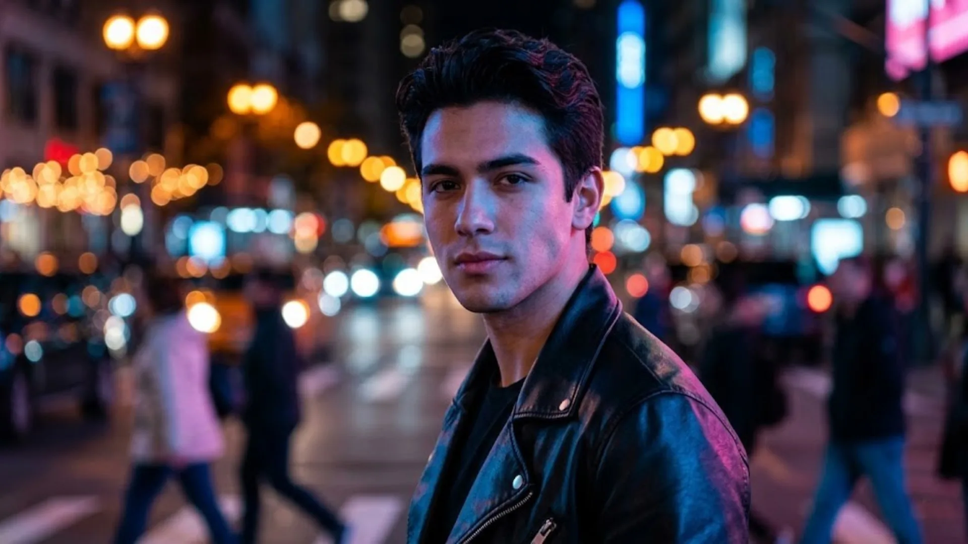 Prompt 20 urban neon night cinematic male portrait with blue and pink reflections